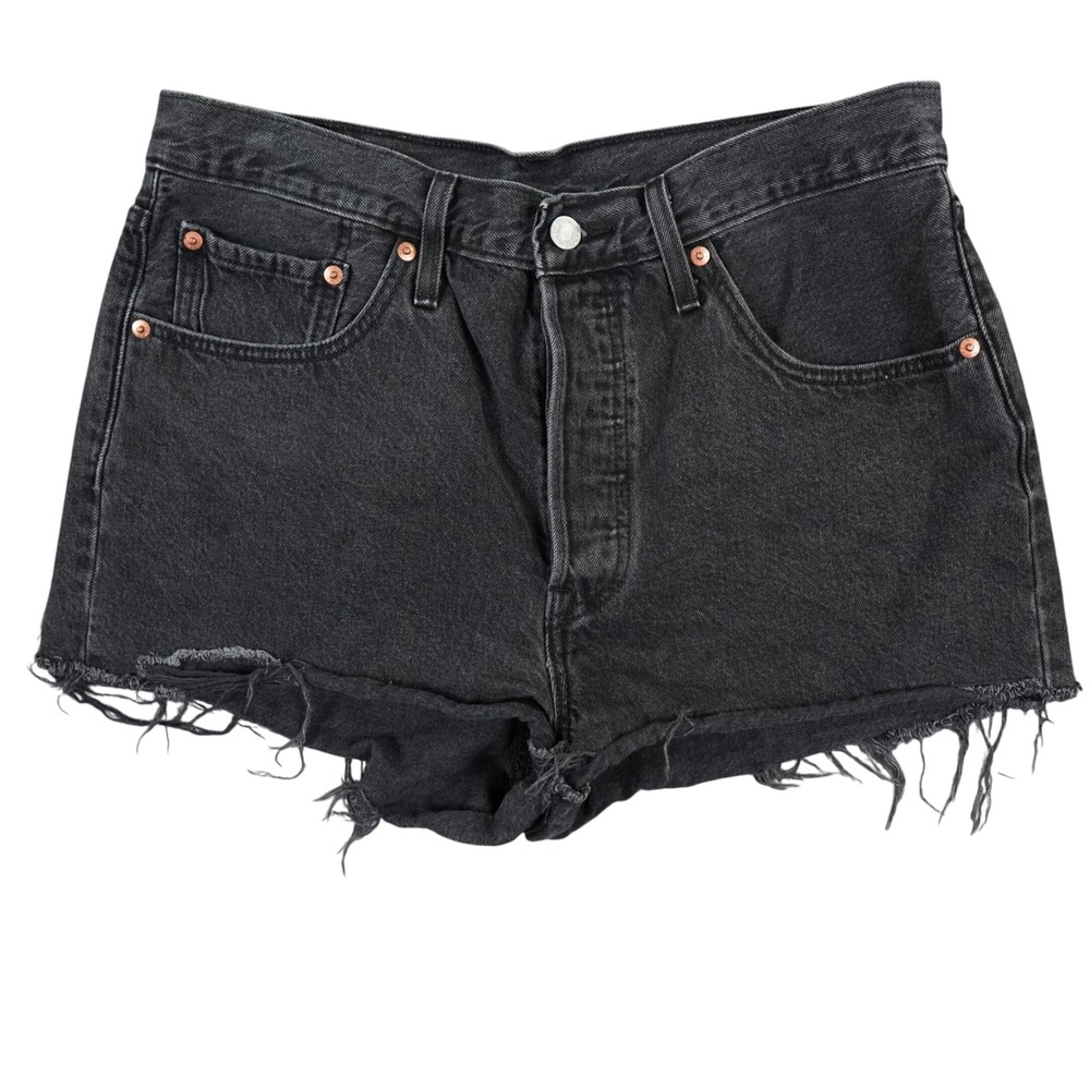 Levis 501 Cut Off Shorts Womes 31 Black Denim Ram Hem Streetwear Y2K Beach Biker